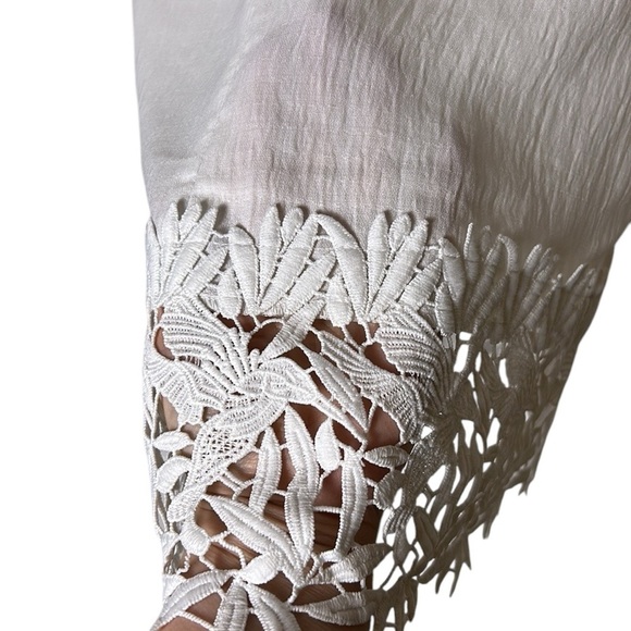 Joseph Ribkoff white heavy lace Trim Blouse.PTP 19”, OVERSIZED,sheer,boxy - Picture 8 of 16